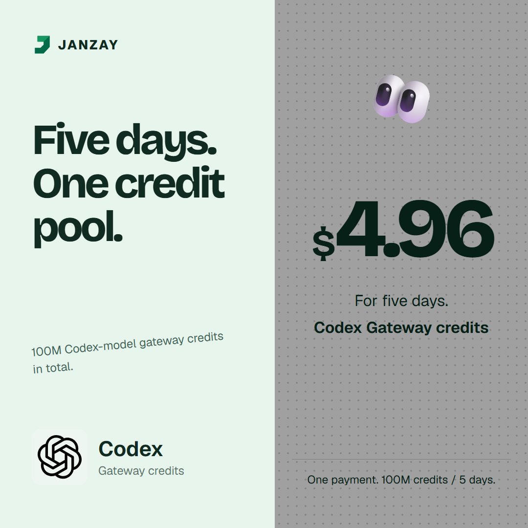 janzay_digital's tweet photo. 🧑‍💻 Spread a Codex-model test over five build days!

🔢 100M TeamSoclo credits total
🌐 Third-party gateway
💸 $4.96 total

Get the offer 👇

https://t.co/93sIEb1cMH

#CodexAI #AICoding https://t.co/gv796wBmVV