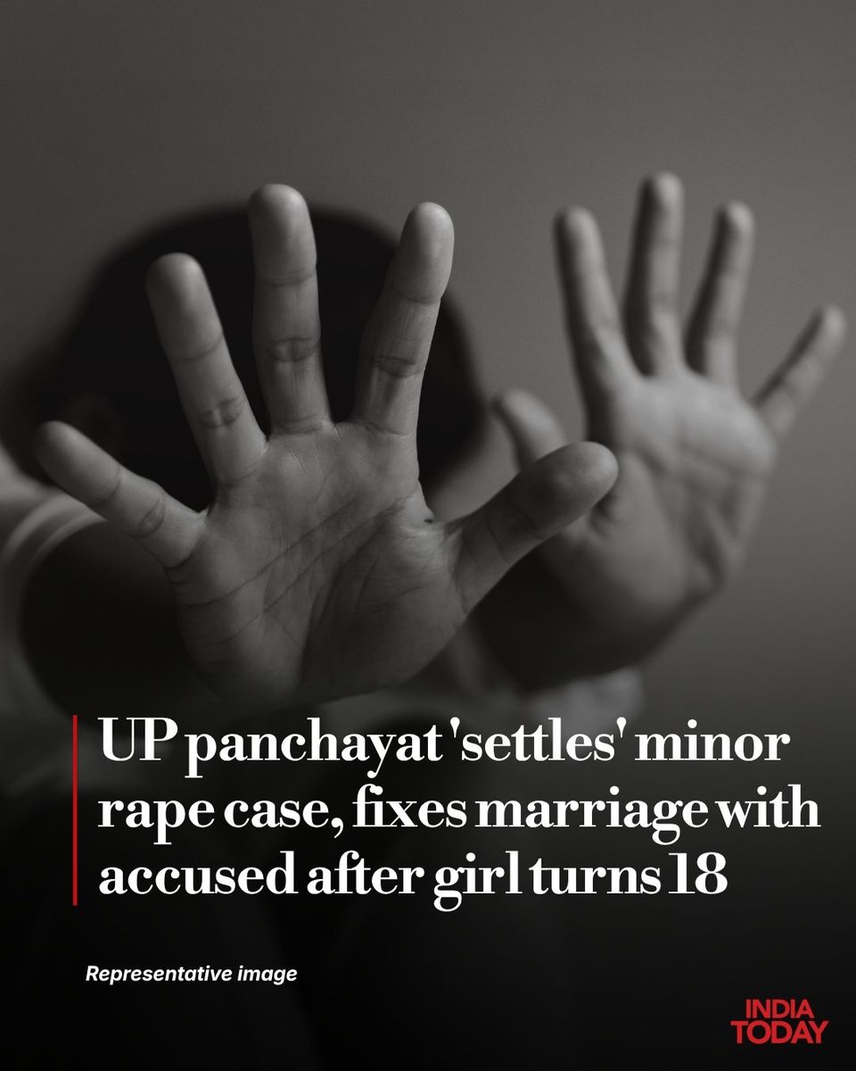 IndiaToday's tweet photo. 𝐔𝐏 𝐩𝐚𝐧𝐜𝐡𝐚𝐲𝐚𝐭 '𝐬𝐞𝐭𝐭𝐥𝐞𝐬' 𝐦𝐢𝐧𝐨𝐫 𝐫𝐚𝐩𝐞 𝐜𝐚𝐬𝐞, 𝐟𝐢𝐱𝐞𝐬 𝐦𝐚𝐫𝐫𝐢𝐚𝐠𝐞 𝐰𝐢𝐭𝐡 𝐚𝐜𝐜𝐮𝐬𝐞𝐝 𝐚𝐟𝐭𝐞𝐫 𝐠𝐢𝐫𝐥 𝐭𝐮𝐫𝐧𝐬 𝟏𝟖

A Bareilly village #panchayat allegedly pushed the families of a 16-year-old girl and the minor accused towards a marriage settlement after a rape complaint. The move has put the panchayat's role under scrutiny even as police pursue the case and question the boy. 

Read more: https://t.co/LoPRAwXSWK