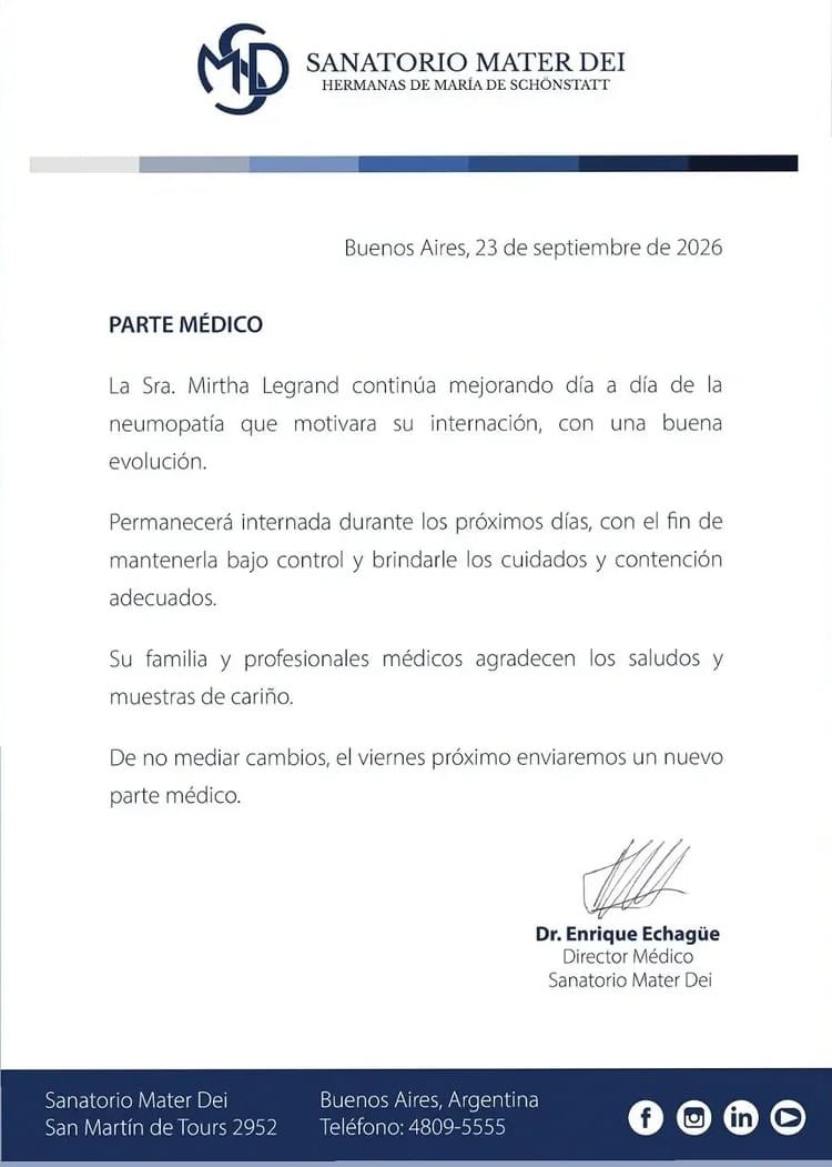 RobertoV206576's tweet photo. MIRTHA LEGRAND - SALUD
Mejora la salud de MIRTHA, según informa el parte Médico emitido hoy (23/9/26) por el Sanatorio Mater Dei https://t.co/HWEda7ZdDy