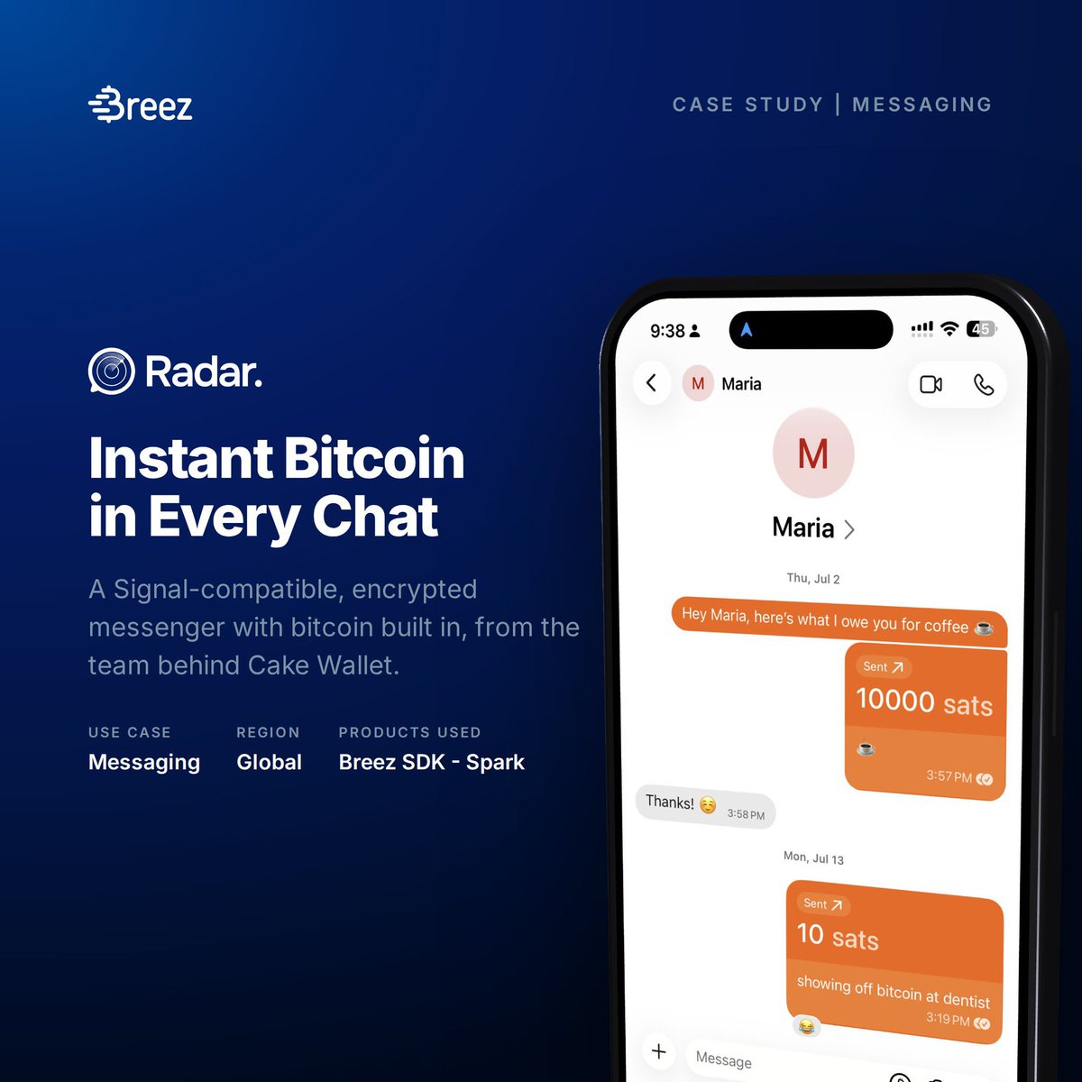 RadarChat's tweet photo. Thanks for the feature, @breez_tech! 🤝

Their latest case study digs into how Radar brings instant, self-custodial Bitcoin payments directly into your chats - and of course, the tech making it possible. 😎

 Check it out! https://t.co/UZh7ACeJyR https://t.co/2Mdcp2hBCu