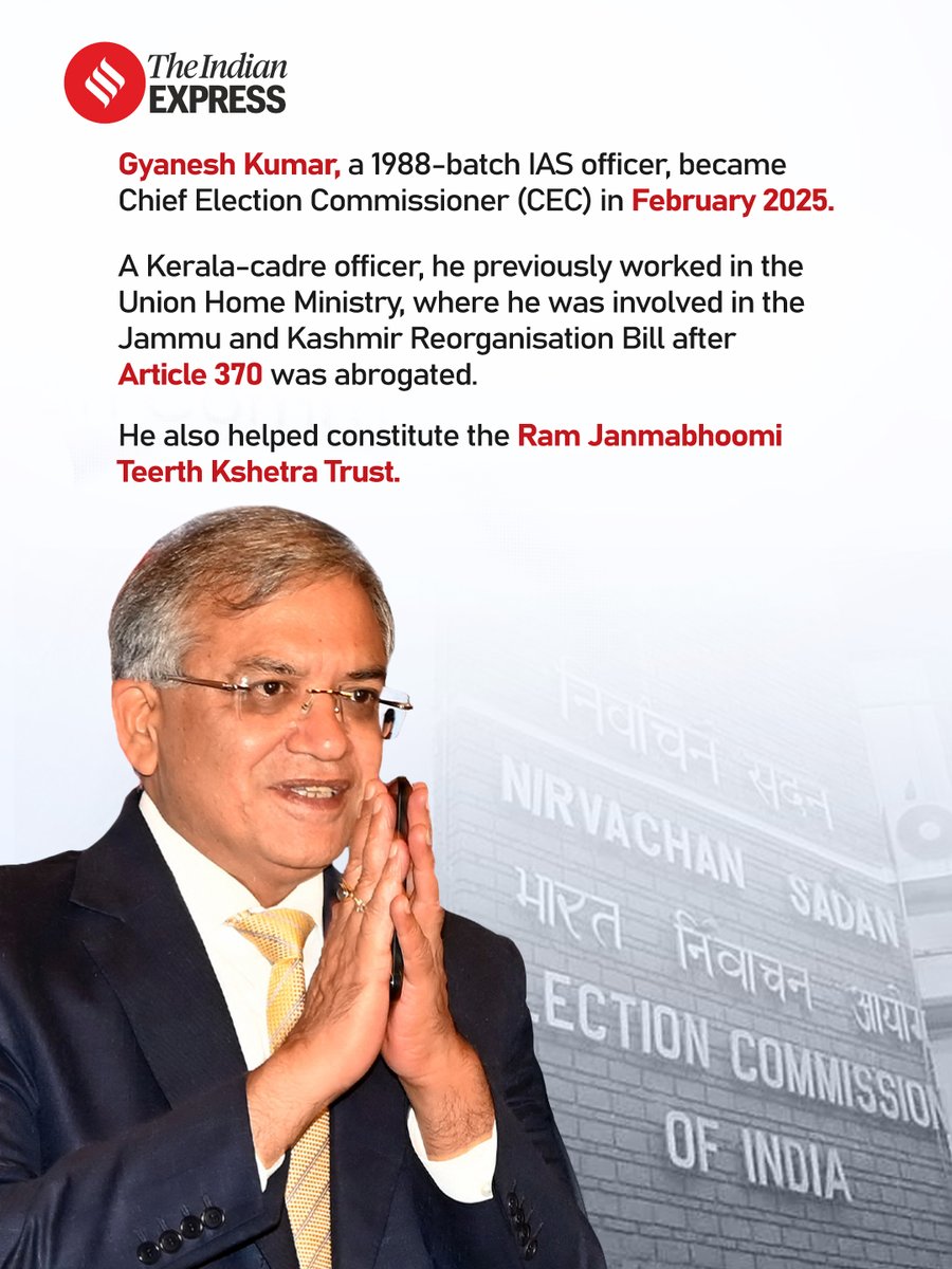 IndianExpress's tweet photo. From Kerala to Kashmir to Ayodhya, Gyanesh Kumar’s career has taken him through key government roles before he became Chief Election Commissioner.

Read: https://t.co/mE6MN1Dd70 https://t.co/eUO78g9hIz