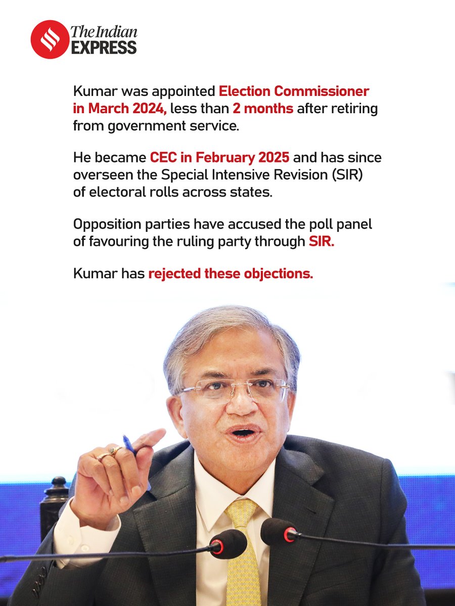 IndianExpress's tweet photo. From Kerala to Kashmir to Ayodhya, Gyanesh Kumar’s career has taken him through key government roles before he became Chief Election Commissioner.

Read: https://t.co/mE6MN1Dd70 https://t.co/eUO78g9hIz