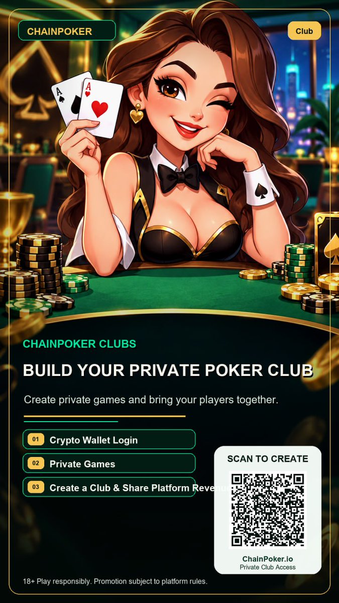 Tonny9981's tweet photo. Play Texas Hold'em on the ChainPoker platform: Log in via wallet; Host private games; Create a club on the platform and earn a share of the revenue; Follow the Telegram guide to complete registration:
https://t.co/38qvGAgmwA https://t.co/IAAOgR6N1q