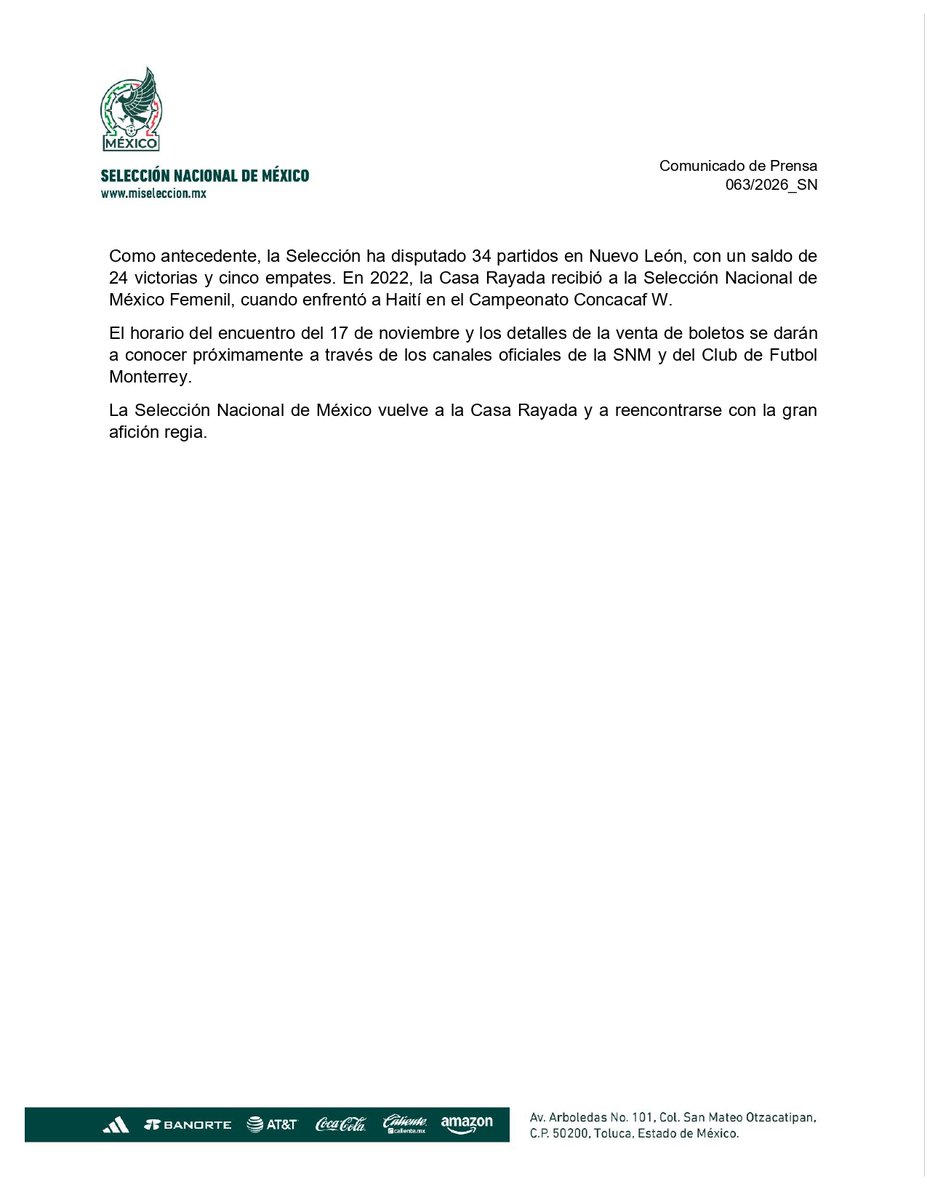 miseleccionmx's tweet photo. 📰| La Selección Nacional de México vuelve a Nuevo León para jugar en el Estadio Monterrey. https://t.co/hdRcQ2LOYN