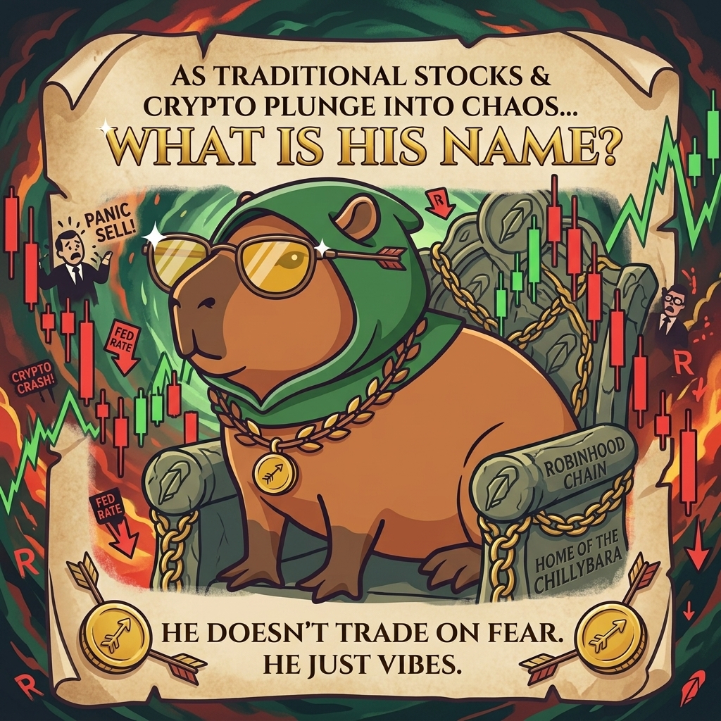 CapaBaraOffical's tweet photo. Wall Street in panic mode. Fed rates swinging wild. Crypto charts in chaos.

Chillybara sits on the Robinhood Chain in gold specs and a green hood, completely unbothered. No panic-selling. No fear-trading. Just pure, unshakeable chill. 🏹✨ https://t.co/7U8O9aVI9n