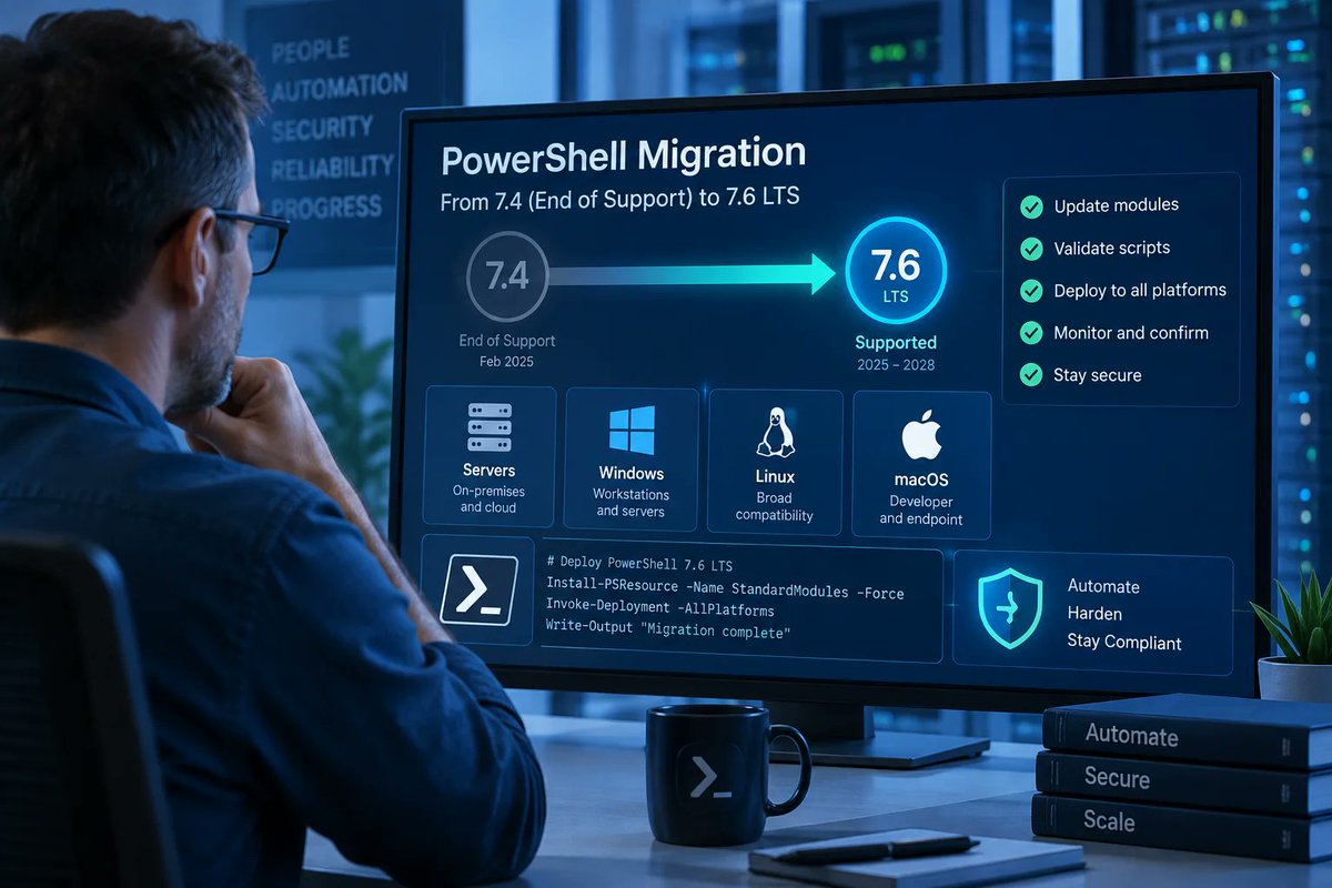 windowsforum's tweet photo. 🛠️ PowerShell 7.4 and 7.5 both hit EOL Nov. 10, leaving 7.6 LTS as the supported exit. Seven weeks to upgrade—or turn “we’ll do it later” into a security policy.
https://t.co/GZnMMIJ2NB
#Powershell #WindowsAdministration #SoftwareLifecycle #Powershell76 https://t.co/7hesgO9rc6