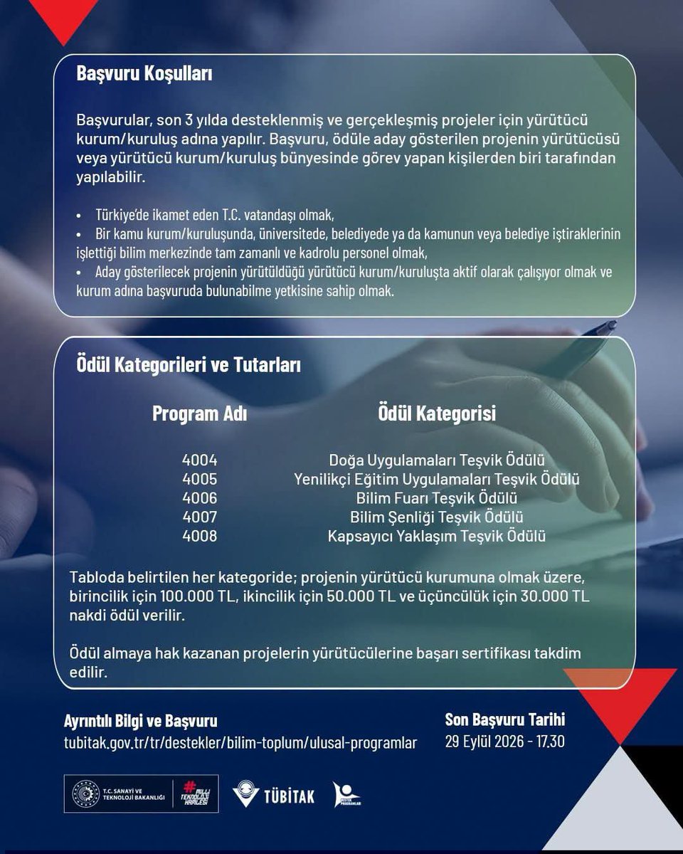 istanbulilmem's tweet photo. 📢 Bilim ve Toplum Destek Programları Proje Teşvik Ödülleri Başvuruları Açıldı 

✨ Bilim ve Toplum Başkanlığı tarafından desteklenen ve son üç yıl içinde başarıyla tamamlanan projelerin nitelikli çıktılarını, toplumsal etkisini görünür kılmak ve başarılı uygulamaları teşvik etmek amacıyla verilecek Bilim ve Toplum Destek Programları Proje Teşvik Ödülleri çağrısı ilk kez açıldı.

🏆 Ödüllere Bilim ve Toplum Başkanlığı tarafından desteklenen projeler için proje yürütücüsü kurum/kuruluşlar başvurabilecektir.

Son Başvuru Tarihi:
🗓️ 29 Eylül 2026
🕓 17.30

🔗Detaylar: 
https://t.co/t69z3GxGZK

@tcmeb @Yusuf__Tekin @MucahitYentur