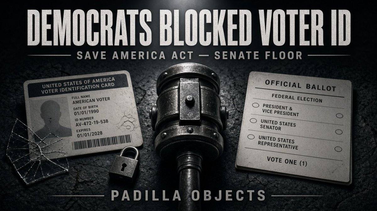 GuntherEagleman's tweet photo. Democrats just blocked nationwide voter ID again, and of course the objection came from California.

Senator Mike Lee asked for unanimous consent on the SAVE America Act’s voter ID piece. Senator Padilla from California shut it down on the spot. 

Lee pointed out California does not require voter ID, and they even punish people for asking about ID at a polling place. That is not election security. That is protecting a system built for fog.

If you need a photo ID to buy beer, you can show one to vote. Pass it. Stop letting fraudsters hide behind Senate procedure.

THEY BLOCKED VOTER ID IN UNDER A MINUTE.