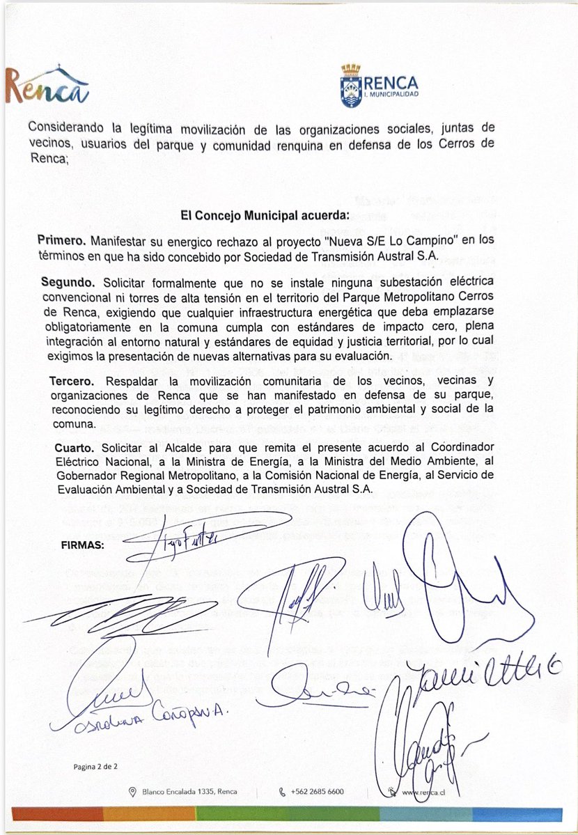 cn_castro's tweet photo. No podemos a aceptar que a Renca se le imponga lo que otras comunas no aceptarían. 

Hoy nuestro Concejo Municipal dio una señal contundente: de forma unánime manifestó su rechazo al proyecto de 28 torres de alta tensión y subestación eléctrica en el Parque Metropolitano Cerros de Renca, y el apoyo a la movilización de vecinos, vecinas y organizaciones que defienden su patrimonio ambiental y social.