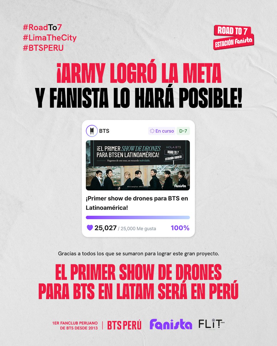 bts_peru1's tweet photo. ¡META LOGRADA!🎉

Felicidades ARMY, tendremos show de drones para BTS en Perú🇵🇪 Pueden seguir dando like a la campaña para romper todos los récords🤭

Todos los detalles sobre ubicación, fecha y hora los anunciaremos más tarde 😁¡atentos!

Gracias @fanista_latam por hacer que este gran proyecto suceda y recibir a lo grande a BTS a nuestro país💜

Gracias Flit Drone Show Perú por todo el apoyo y su profesionalismo🙌

#ROADTO7 #BTSPERU #LimaTheCity
