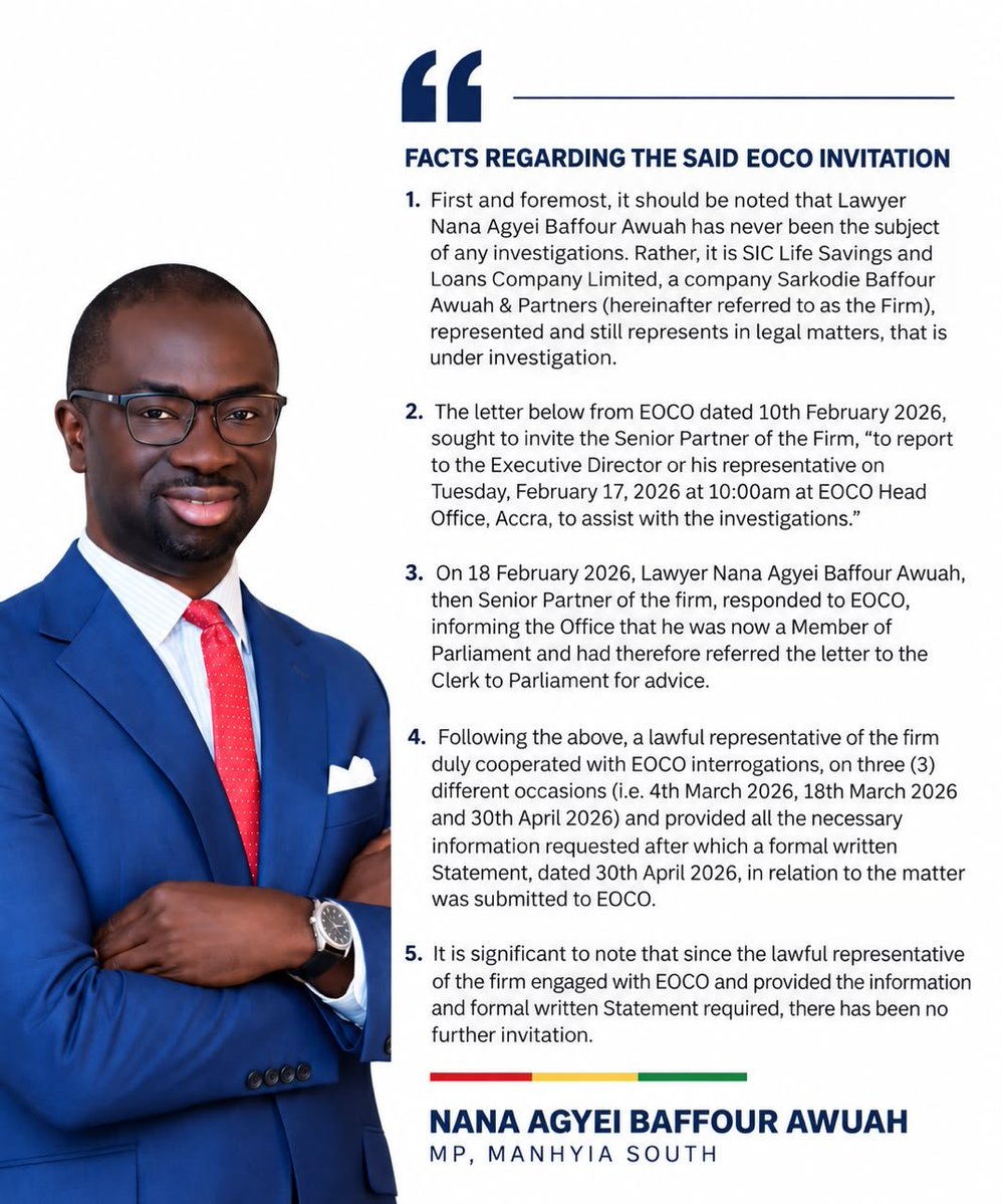 NABaffourAwuah's tweet photo. ATTN: Facts regarding the said EOCO Invitation:

The present arrest therefore appears to have arisen only after, I became vocal in the representation of Madam Salomey in the Ghana Jollof matter. https://t.co/MMnlEhSkjY