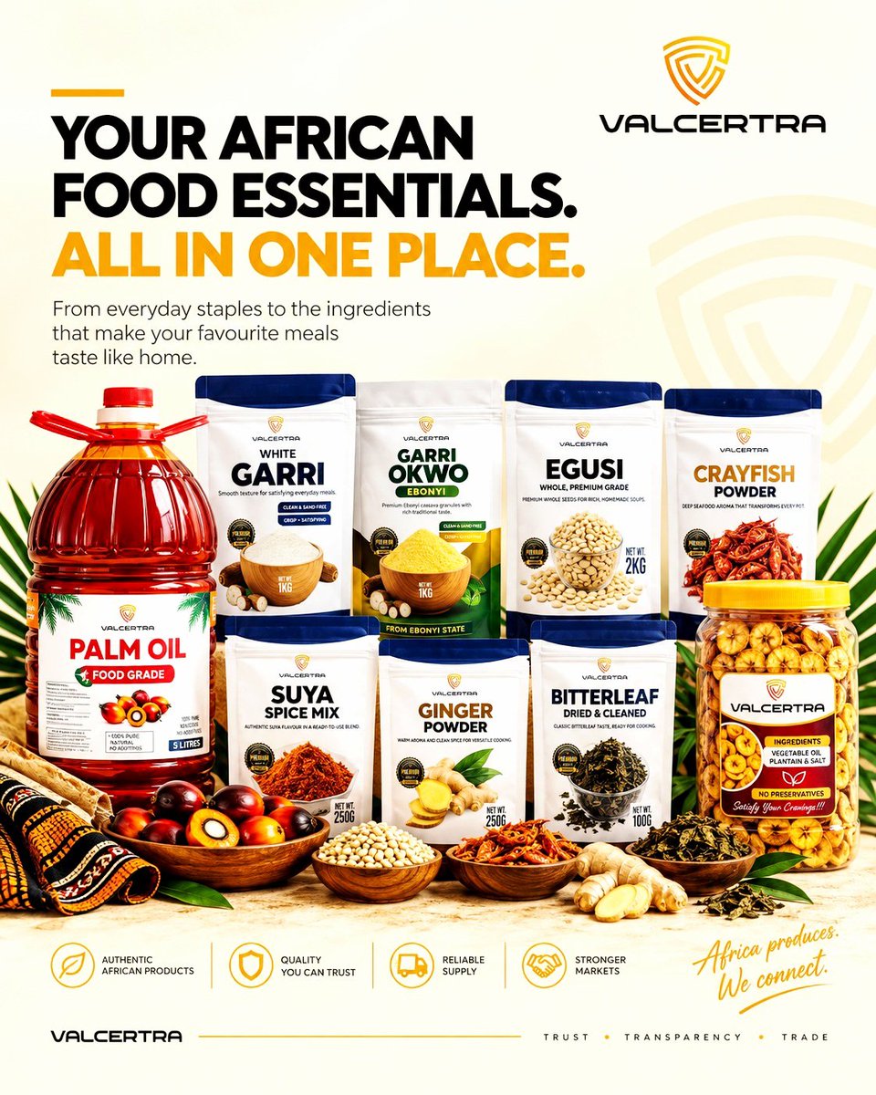 wearevalcertra's tweet photo. From everyday staples to the ingredients that bring your favourite meals to life, VALCERTRA connects you with African food essentials you can trust. 

And this is just a glimpse of what we offer. Our range goes far beyond the products featured here, with more to discover for homes and businesses.

What’s on your shopping list? 

#VALCERTRA #AfricanFood #TasteOfHome
