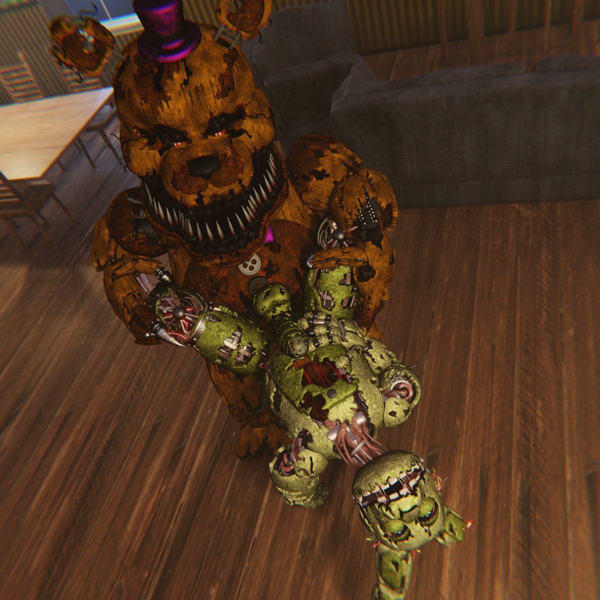 Maulclaw's tweet photo. Springtrap's having a rough night, it seems!

Raffle for @roberta_95f! Model edits by @imabruhmoment9!

#blender #b3d #furry #animatronic #dbd #fnaf #fnaf3 #fnafrule34 #fnafnsfw #springtrap #fredbear #NSFW https://t.co/rnJStAopIj