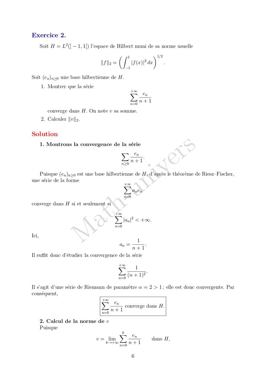 math_univers's tweet photo. Analyse Fonctionnelle – Exercice corrigé
Convergence d’une série dans un espace de Hilbert \(L^2\) et calcul de la norme de sa somme. https://t.co/wy1EoxG4NQ
