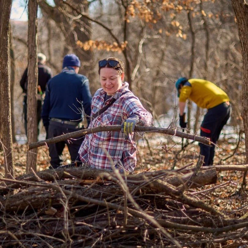 Volunteers work together to clear fallen branches in a wooded area, with one person carrying a large branch in the foreground.