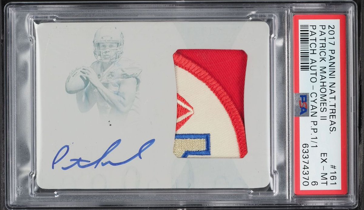 CardsBoulevard's tweet photo. This Mahomes patch is INSANE 😮

The 2017 National Treasures Cyan Printing Plate Patrick Mahomes II RPA 1/1  PSA 6 sold for $27,000. https://t.co/3E9qlvjiHR