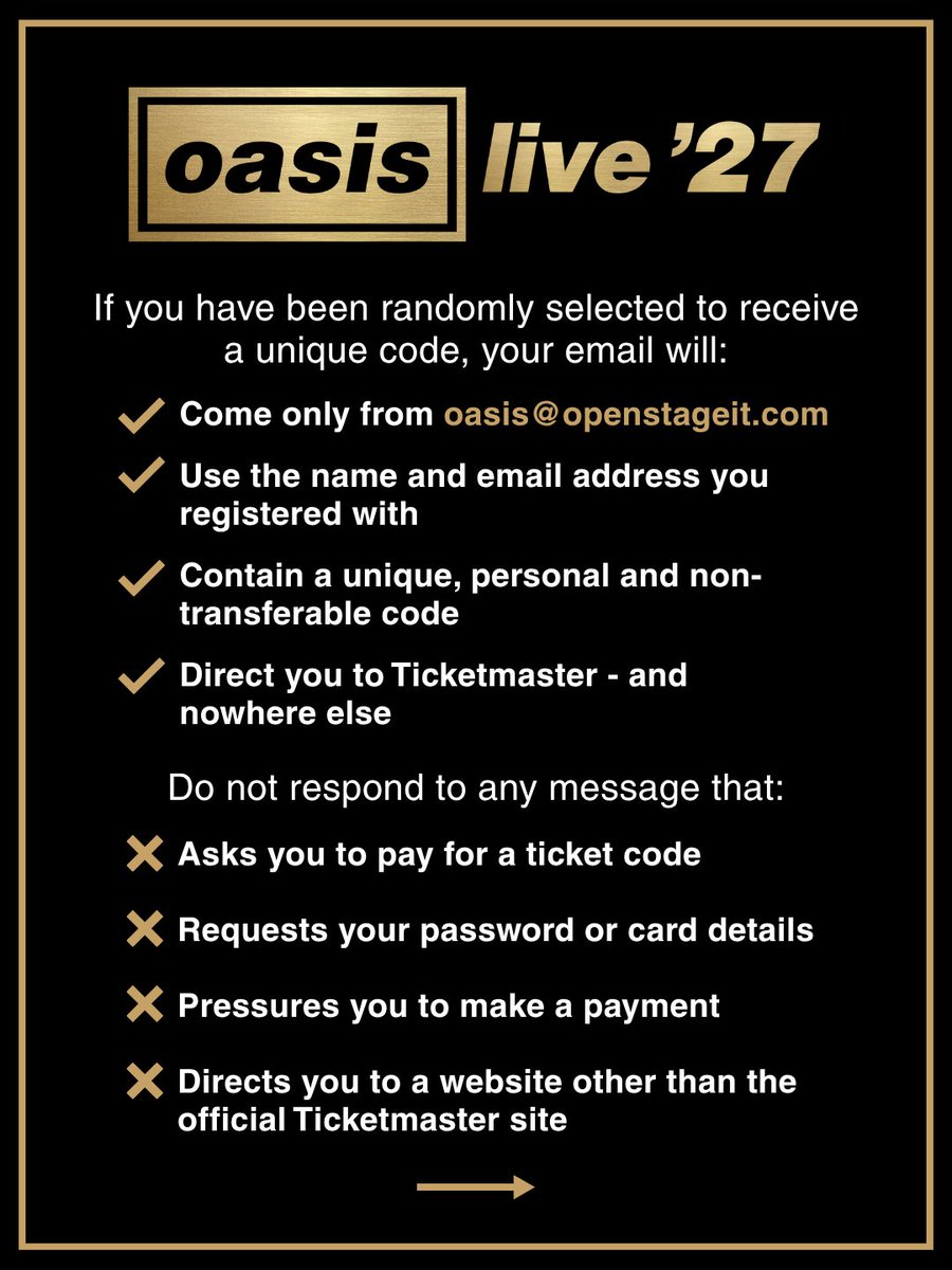 oasis's tweet photo. With code emails due to be sent out over the next few days, please read this post carefully and be aware of potential Oasis Live ’27 ticket scams. https://t.co/SB4JlbwdMn