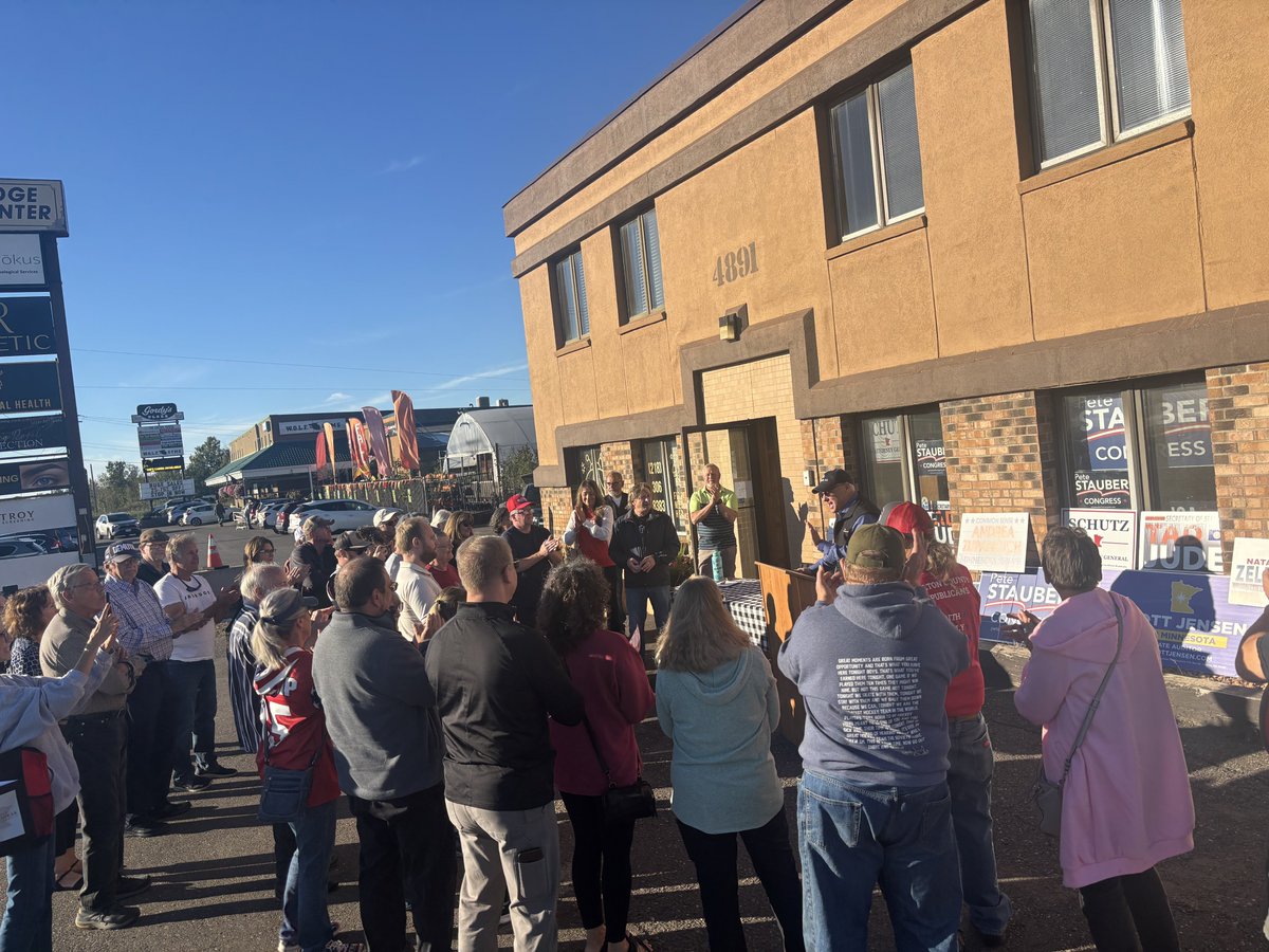 PeteStauber's tweet photo. The Duluth @mngop office was packed so we took the party outside! Folks are fed up with the fraud and @LisaDemuthMN and @RyanDWilsonMN  will root it out! https://t.co/yIRwByJrfV
