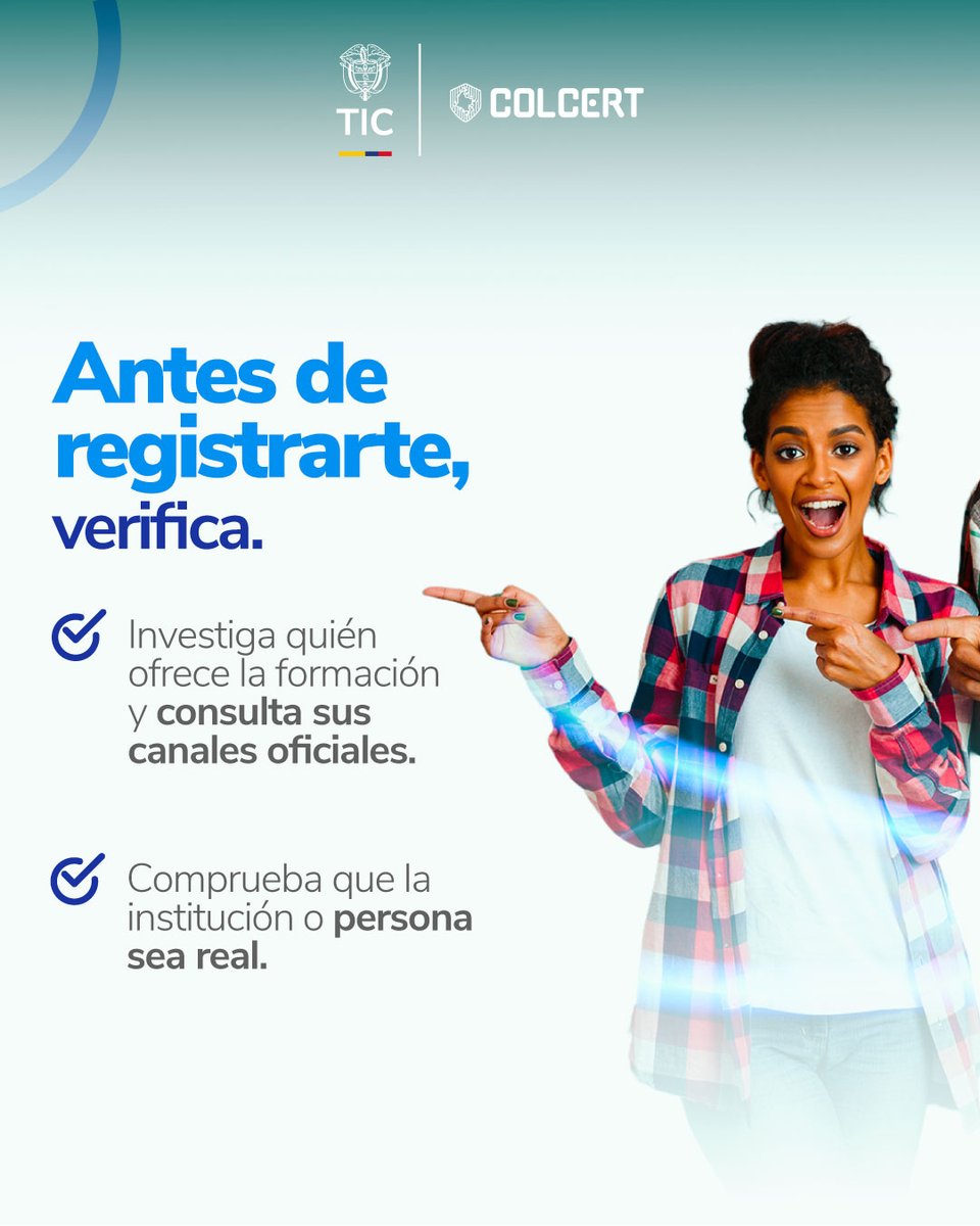 colCERT's tweet photo. La formación en línea abre oportunidades para aprender y adquirir nuevas habilidades.💻Desde el #ColCERT te invitamos a protegerte en el ecosistema digital.➡️ Antes de inscribirte, verifica quién ofrece la oferta y qué información te solicita.👇#LaSeguridadDigitalNosUne https://t.co/iYRXNmgmos