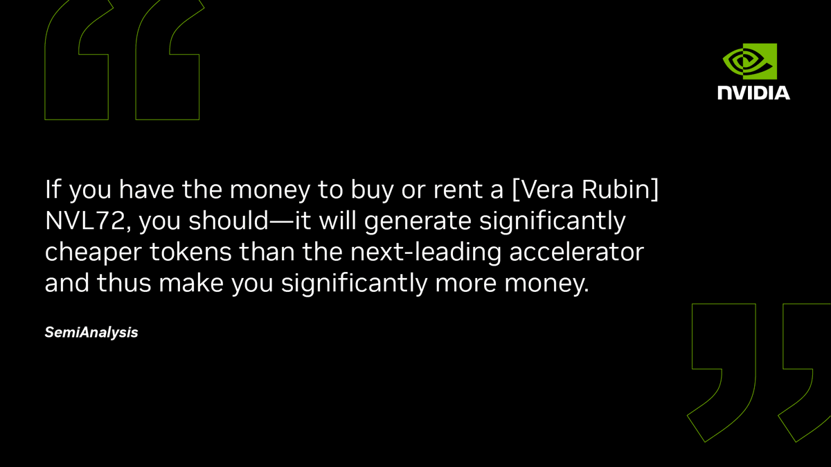 NVIDIAAIInfra's tweet photo. NVIDIA Vera Rubin NVL72 runs agentic workloads at 30x higher throughput and 45x lowest token cost enabling AI factories to profitably serve agents at scale.

Read our blog highlighting the latest @SemiAnalysis AgentX results: https://t.co/VsHdhlI3Fd https://t.co/4lEsELYujI