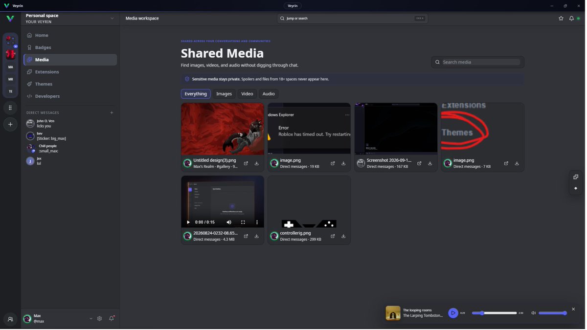 MaxGoobProtogen's tweet photo. Veyrin! - a MRS Chatting app!!!

We have alot of stuff! almost basicly like discord

Stuff we did better: Build in Add-ons, Themes

Disclaimer: The UI is not like Discord. we are using a THEME build in to the app that users can upload for others to use!!! https://t.co/PUKDaGandl