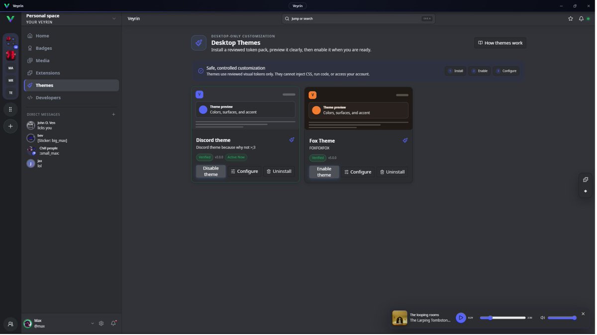 MaxGoobProtogen's tweet photo. Veyrin! - a MRS Chatting app!!!

We have alot of stuff! almost basicly like discord

Stuff we did better: Build in Add-ons, Themes

Disclaimer: The UI is not like Discord. we are using a THEME build in to the app that users can upload for others to use!!! https://t.co/PUKDaGandl