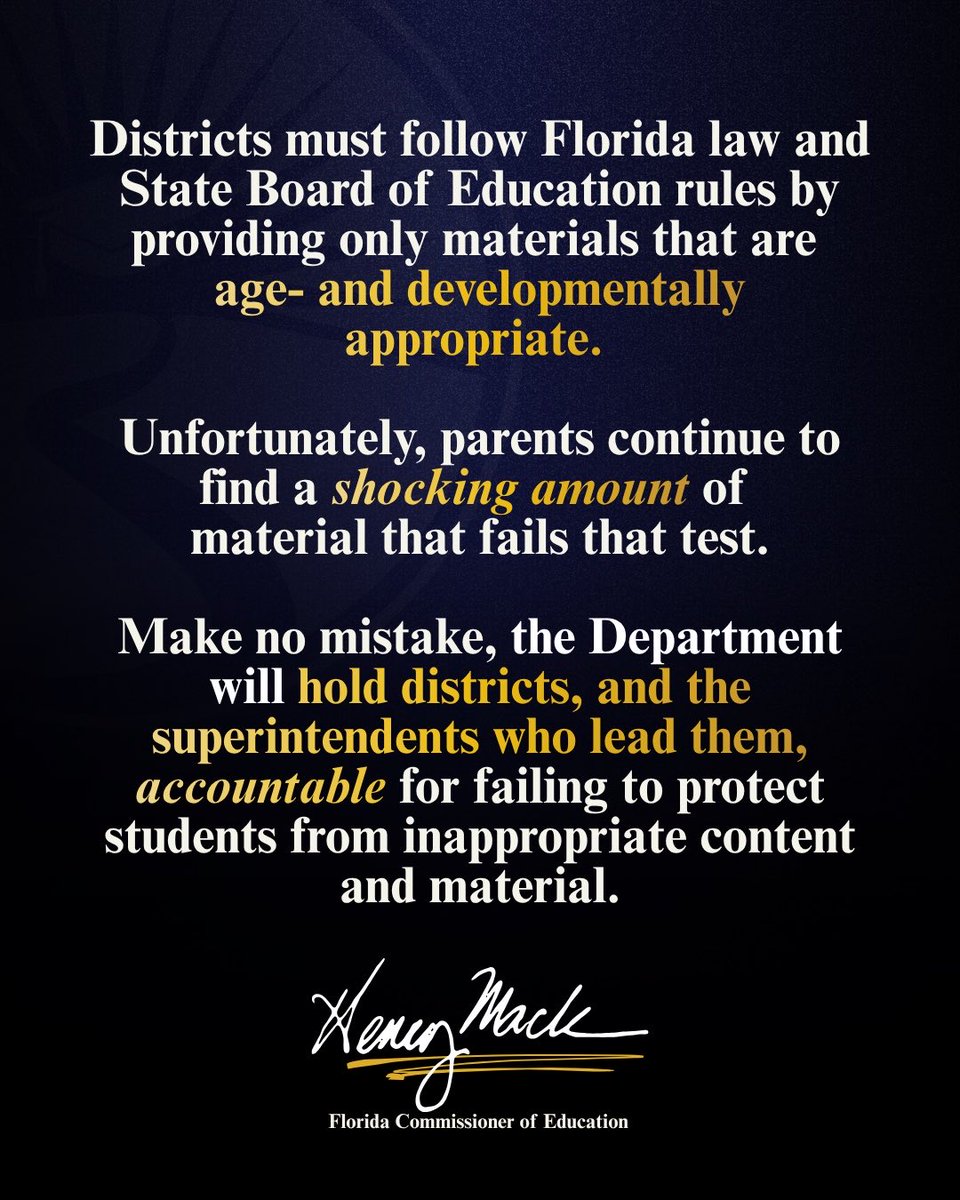 EducationFL's tweet photo. SEXUALLY EXPLICIT and INAPPROPRIATE content has NO PLACE in Florida schools.

Florida school districts will be held ACCOUNTABLE for failing to protect our children from this type of content. 

ENOUGH IS ENOUGH. https://t.co/nCP8Lhw0cZ