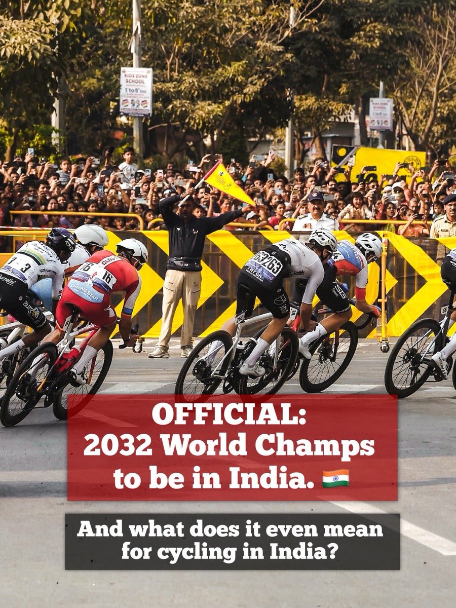 lucxsronald's tweet photo. JUST A FEW MINUTES AGO IT GOT OFFICIAL: INDIA GOT THE ROAD WORLD CHAMPIONSHIPS IN 2032. 

But it won’t be just about that one week. India plans to grow in cycling. The Pune Grand Tour already had over 2.5 million spectators along the route, and next year it is planned to upgrade from UCI 2.2 to 2.1. Six stages instead of five, no prologue, a total distance of roughly 950–1,099 km, scheduled for January 26–31, starting on Republic Day. Hundreds of kilometres of additional roads are also being rebuilt or upgraded, with reports of ₹700+ crore / around $80m+ in works. And in the future, they want to take it to ProSeries level, which is only one level below the WorldTour.

But it is not all. They are also creating the Cycling League of India (CLI / ICL). Separate from the UCI calendar, India is launching what it calls the world’s first franchise-based professional road cycling league in November 2026, with the first round planned in Ahmedabad, Gujarat, in mid-November. It is government-backed.

The format will have eight city/state franchises, with 10 riders per team: 2 internationals, 6 senior Indians and 2 juniors. There will be three phases of racing (criterium, team time trial and road race) in different regions, plus a grand finale. The league is meant to create paid domestic contracts, give juniors more exposure and attract foreign riders during the European off-season.

It will not be easy. Coaching, equipment and creating a cycling culture take years. But the meaning of giving India the Worlds is simple: India wants to grow cycling there.