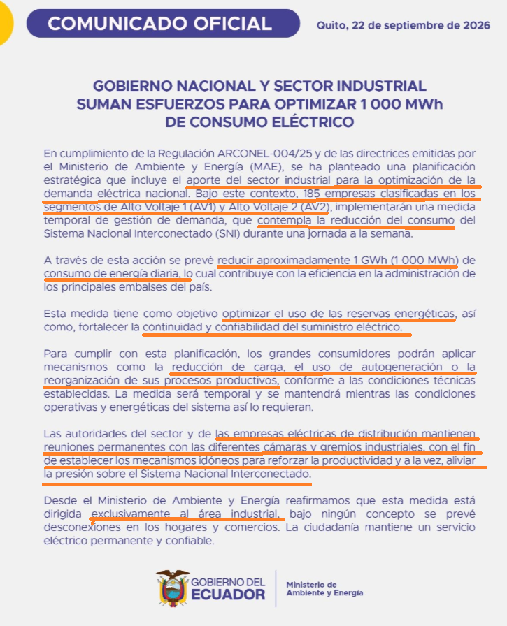 dolarizacionEc's tweet photo. UN NUEVO APAGÓN INDUSTRIAL, PÉRDIDAS INCUANTIFICABLES Y EL SECTOR PRODUCTIVO NO DICE NADA:
 
A continuación un comunicado 👇que suena bonito pero que en realidad dice de la negligencia y corrupción del “Nuevo Ecuador” para intentar resolver  el déficit de generación y transmisión de energía eléctrica, y más en época de estiaje (sept 2026-marzo 2027), con un nuevo “apagón industrial consensuado”.

El titular del comunicado que diría cualquier ciudadano medianamente informado, sería: “Por la negligencia y corrupción manifiesta del Gobierno Nacional, éste se ve obligado a quitarle 1.000 MWh de energía al sector industrial para evitar que el resto de usuarios tengan cortes eléctricos prolongados y recurrentes”.

El "Nuevo Ecuador" sabía desde antes que asuma su administración (noviembre 2023) el déficit estructural de generación de energía eléctrica -ampliada con la demanda creciente de estos últimos años- lo que pondrá al país al borde de la paralización, si se presentaba un nuevo estiaje, tal como el que ya estamos evidenciando.  No hizo nada, dejó agravar el problema energético.

No hacer nada o hacer algo y mal conlleva costos económicos que deben ser contabilizados para ubicar a los verdaderos responsables a nivel de las más altas autoridades.

Este nuevo apagón industrial (el primero se aplicó a finales de 2024) que muy probablemente no se limitará a un solo día a la semana, debería motivar el reclamo enérgico del sector productivo. Los costos de la ineficiencia -por decirlo menos- no pueden ser transferidos ahora al sector industrial y consecuentemente al país. Paradójicamente, la responsabilidad del déficit de energía eléctrica termina siendo del sector que para mantener capacidades productivas y el empleo, debe consumir menos energía, generar energía propia o modificar sus procesos productivos. De quién es la responsabilidad? 

El atraco de Progen y ATM por aproximadamente USD 175 millones que debió haber generado 241 MWh hubiera al menos mitigado el impacto del estiaje hidroeléctrico vigente. A esto se suman los procesos de contratación pública fallidos a lo largo de 2026 de Elecaustro para garantizar la continuidad de las barcazas, que en función de la emergencia, finalmente se decidiría poner en operación dos de ellas, Emre Bey y Erin Sultan. Y esa insuficiente y costosa generación termo se pagará vía convenios de pago. Alarmante!

Si esto no es negligencia agravada y corrupción, qué es señores industriales? Dirán algo en sus encuentros con el gobierno? Según la Cámara de Comercio de Guayaquil, las pérdidas de los apagones 2024 fueron de USD 4.500 millones (sin fenómeno de "El Niño"), año en el que el PIB cayó aparatosamente -2%.