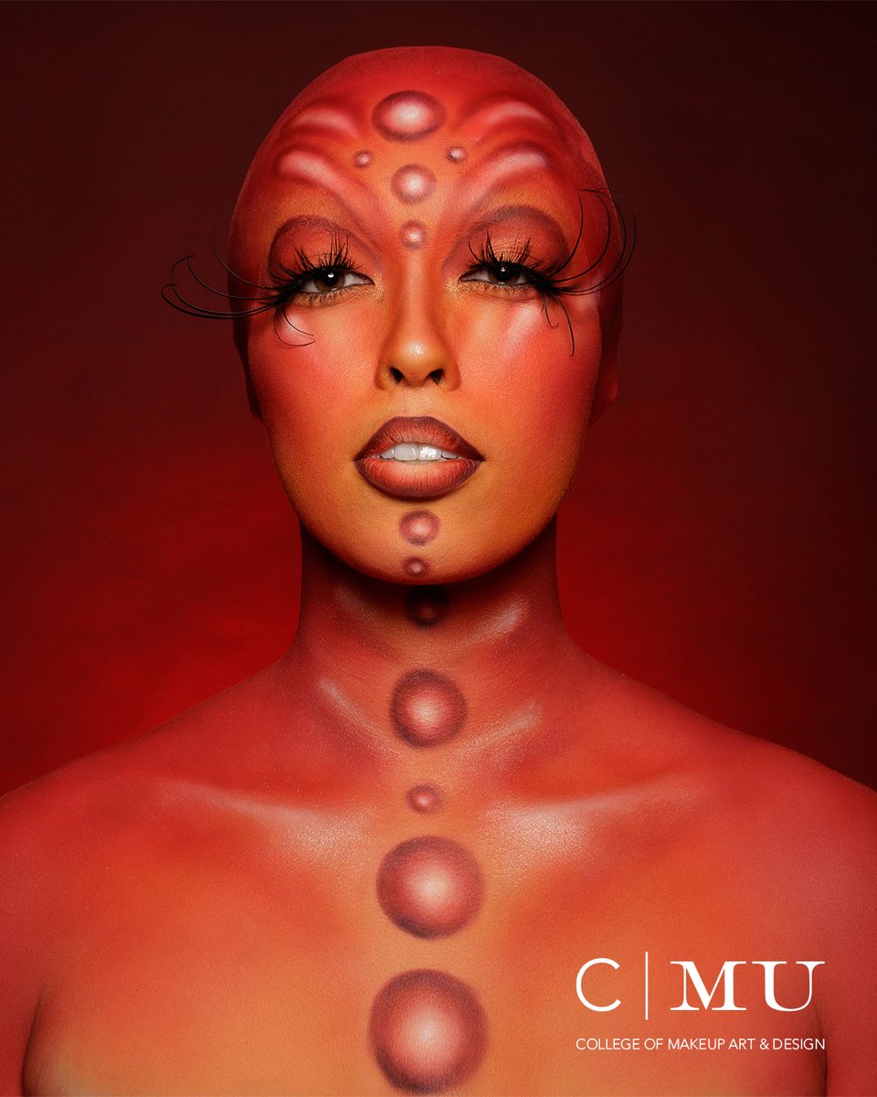 ravi37's tweet photo. Red alien-inspired makeup blending bold colour, sculpted details, and dramatic lashes for an otherworldly, runway-ready look. Theatre makeup by CMU graduate Chelsea McNamara. https://t.co/hL5I8AO2yj