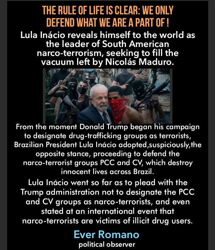 EverRomao's tweet photo. @elonmusk The rule of life is clear: we only defend what we are a part of!

Lula Inácio reveals himself to the world as the leader of South American narco-terrorism, seeking to fill the vacuum left by Nicolás Maduro.

Ever Romano 
Political observer https://t.co/XcmgN65ZgF