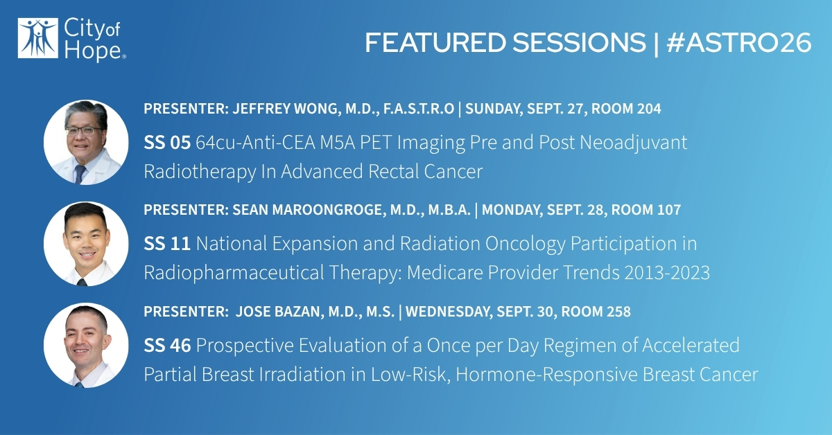 TeWilliamsMD's tweet photo. From advanced imaging in rectal cancer to radiopharmaceutical therapy trends and innovative breast cancer treatment approaches, @COH_RadOnc   is proud to contribute to the science featured at #ASTRO26 next week! #radbio #theranostics #breastcancer https://t.co/Und97bk6tR
