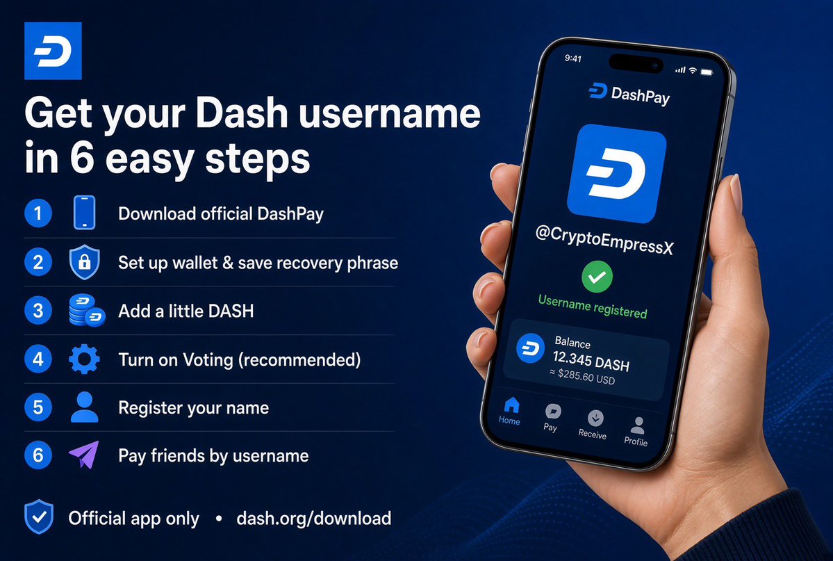 CryptoEmpressX's tweet photo. How to get a Dash username (simple steps)

The official wallet is DashPay (Android and iOS). It lets you register a username, add contacts, and send Dash by name.

1️⃣ Download the official app
Go to https://t.co/RxLcbDYVYw
🔹Android → Google Play (search “DashPay”)
🔹iPhone → App Store (search “Dash Wallet”) Only use the official listing.

2️⃣ Set up your wallet
Create a new wallet or restore an existing one with your 12-word recovery phrase.
Write the phrase on paper and store it offline. The app never holds your keys.

3️⃣ Add a little Dash
Buy $DASH in the app or send some from an exchange.
You only need a small amount. Standard usernames usually cost just a few cents.

4️⃣ Turn on Voting (recommended)
Open Settings and enable Voting.🗳️ 

5️⃣ Register your name
When the wallet is synced and funded, join DashPay and choose a username.
🟦Longer names or names with numbers → register immediately after a small fee.
🟦Short, premium names (like a first name) → higher fee + about two weeks of masternode voting. This stops squatters and look-alike scams.

6️⃣ Start using it
Search for people by username, send contact requests, and pay them directly by name.
You can attach more than one name to the same identity and transfer names later.

✅ Always double-check that you downloaded the official DashPay app.
The exact fee appears in the app before you confirm. For the latest details, use the official site and the in-app screens.

@Dashpay