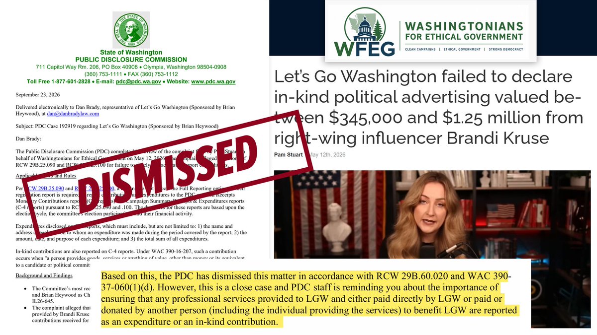 BrandiKruse's tweet photo. BREAKING: The Public Disclosure Commission has DISMISSED the bogus, politically motived complaint accusing me of giving improper political advertising to @letsgowa. The fake news media owes me an apology for months of negative, biased headlines.