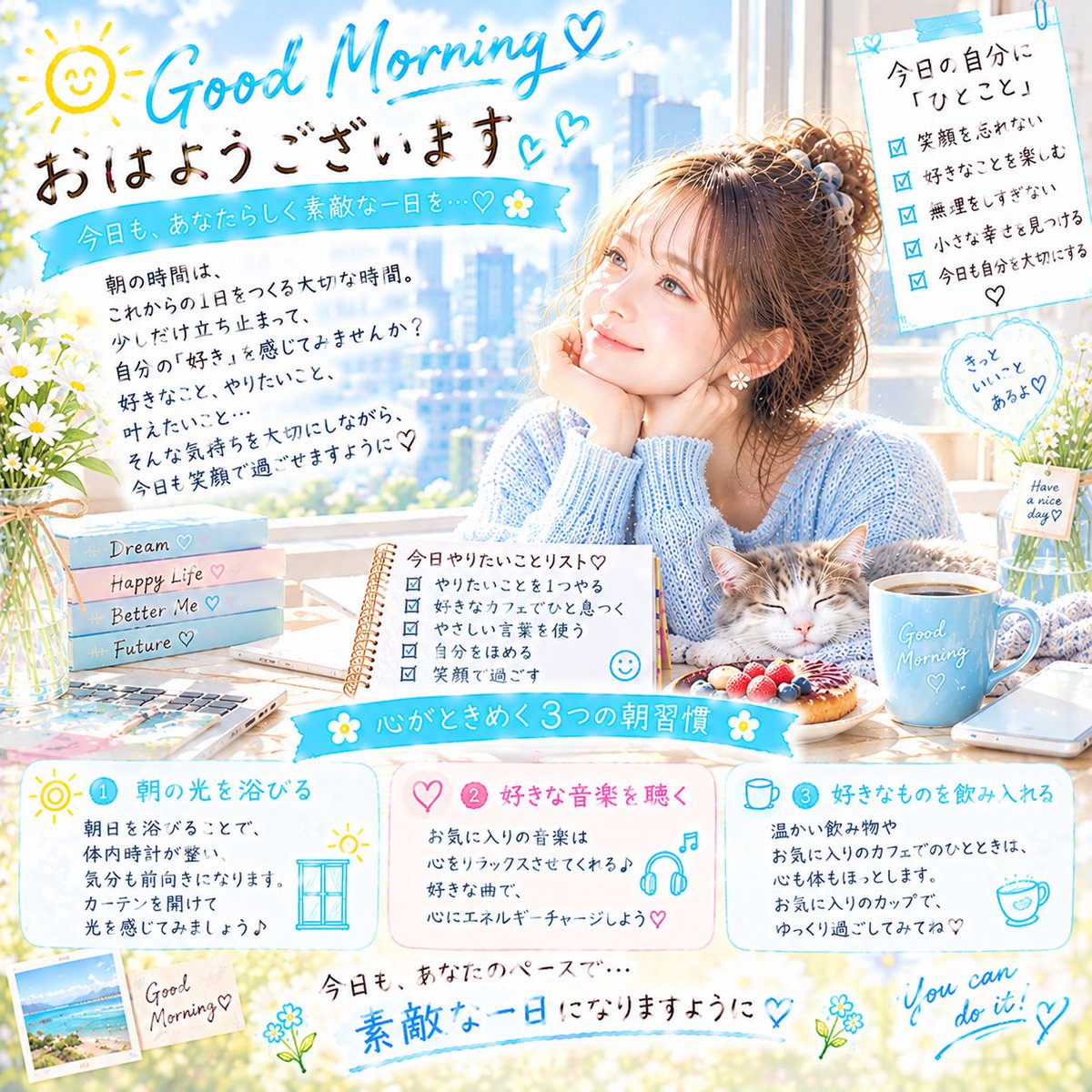 dbs_future's tweet photo. おはようございます☀️🩵

今日の朝は、
「好き」をひとつ選んでみよう🌸

好きな音楽🎧
お気に入りの飲み物☕
楽しみにしていること✨

小さな楽しみがあるだけで、
今日が少し心地よくなる🌿

今日も自分らしく♡
素敵な一日を😊

#おはよう #小さな幸せ #自分らしく #朝活 #前向き https://t.co/Wa8gK3tGNB