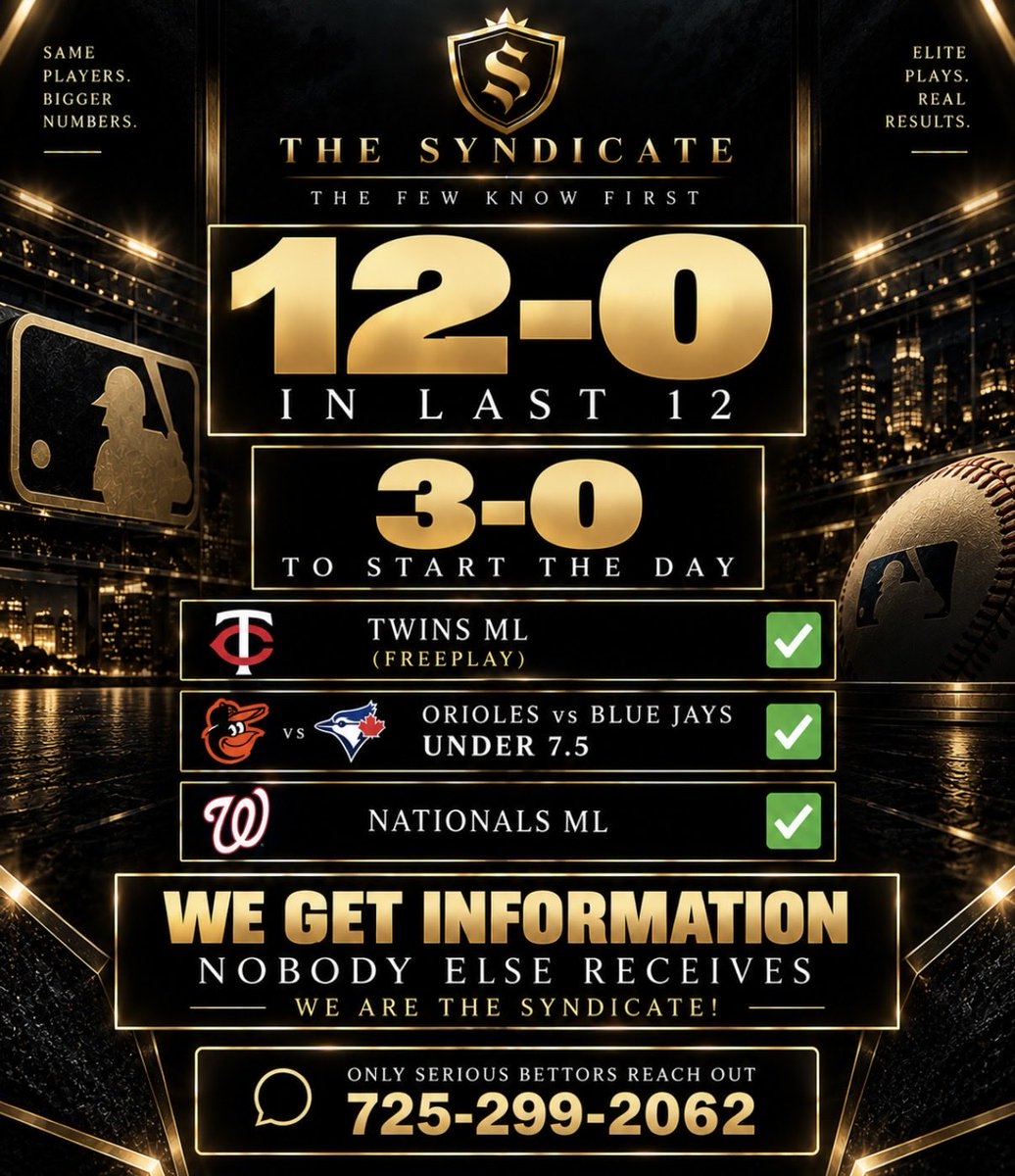 lockitinlad's tweet photo. 250 likes❤️ for Next winner tonight 
12-0. READ THAT AGAIN. 🤯

3-0 TODAY:
Twins ML ✅
Orioles/Blue Jays U7.5 ✅
Nationals ML ✅

THE SYNDICATE IS ROLLING.

Get in now: 725-299-2062 https://t.co/mwIlKpLWSi