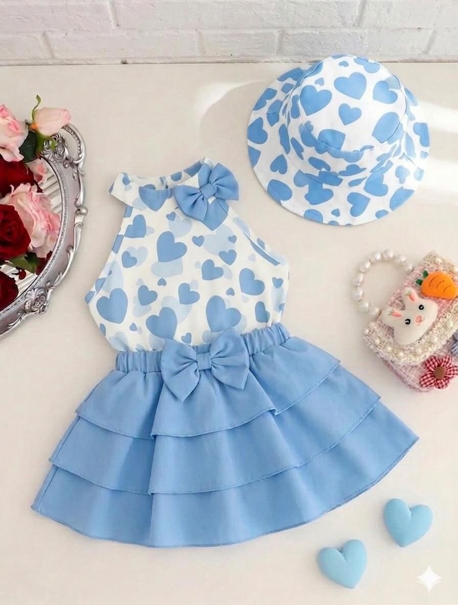 Dudapiconn's tweet photo. Heart-print dress set with top, layered skirt, and matching hat. Bow details and ruffles add extra charm. Available in red, black, hot pink, yellow, blue, and pink. Sizes 3–7 years. Order via DM. https://t.co/jMAetOjfIm