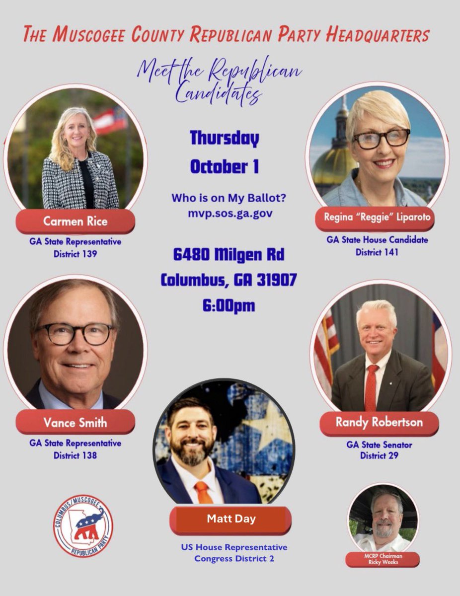 HorizonNewz's tweet photo. Come meet and greet our Muscogee County Republican Candidates on October 1 between 6-8PM. 
Hors d’oeuvres & drinks will be provided. 

@WTVM
@wrblnews3
@LedgerEnquirer 
#gapol
#GeorgiaFirst 
#gotv
#columbusga
#news
#GeorgiaStrong
#georgia
#republican
#gagop
#news
@GaRepublicans
@georgiayr
@GACRs
@GeorgiaTRs
@CSUSGA1
@csupress
@GaSenateGOP
@GaHouseGOP
@voterga