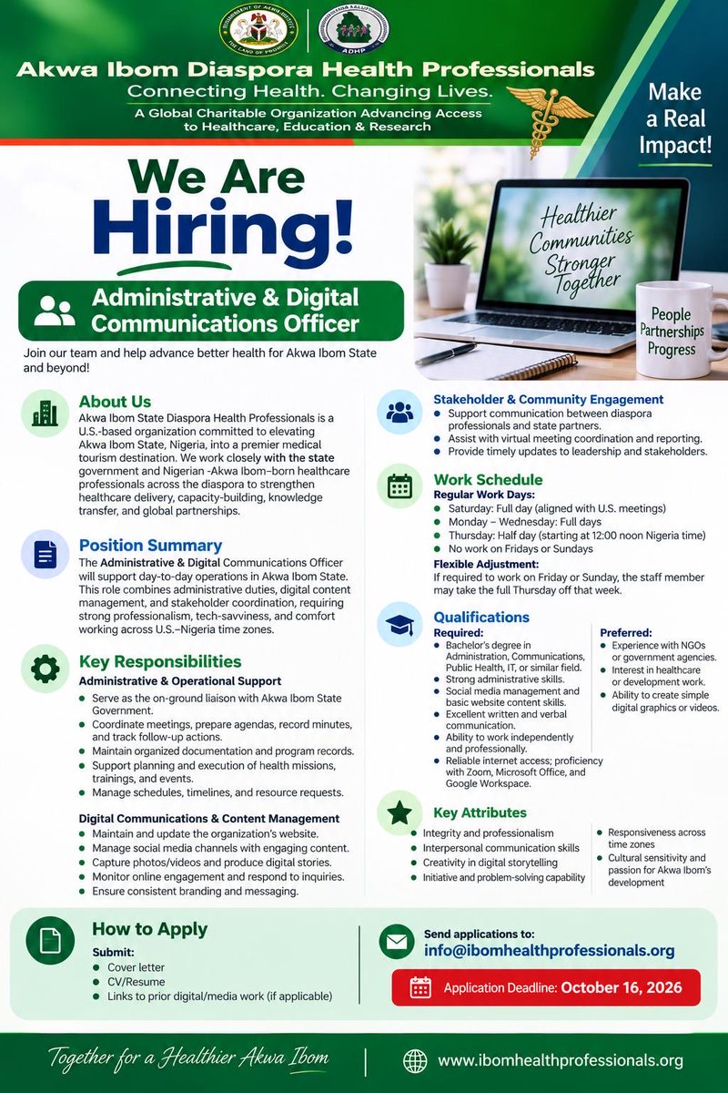 ADHPGlobal's tweet photo. Read the information and apply.
Qualified candidates only.

#adhp #akwaibomstate
#employmentopportunities https://t.co/JOnRjZMYml