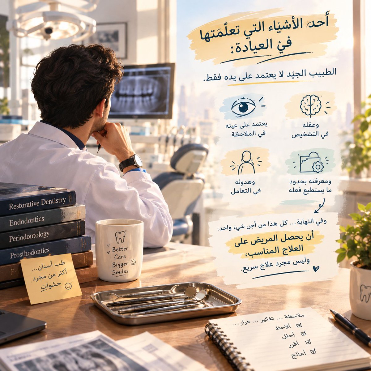 Turnerdelian's tweet photo. أحد الأشياء التي تعلمتها في العيادة:

الطبيب الجيد لا يعتمد على يده فقط .. 

يعتمد على عينه في الملاحظة،
وعقله في التشخيص،
وهدوئه في التعامل،
ومعرفته بحدود ما يستطيع فعله.

وفي النهاية .. كل هذا من أجل شيء واحد:
أن يحصل المريض على العلاج المناسب، وليس مجرد علاج سريع.

لا تهملوا .. 😁