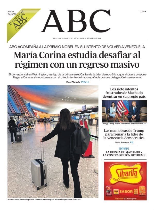 OrlvndoA's tweet photo. #AHORA | La portada de mañana de ABC:

"María Corina estudia desafiar al régimen con un regreso masivo". https://t.co/rwBwU4LgTI