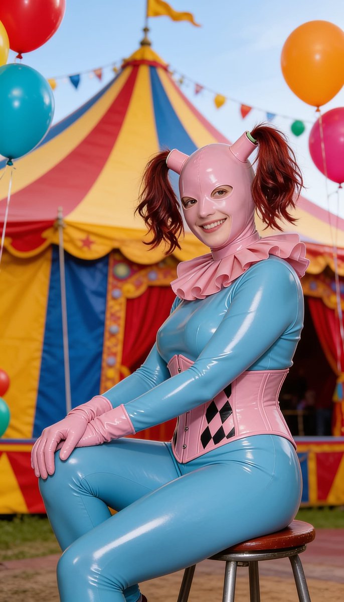 Lizzy1262629's tweet photo. Me in the circus tent. Blue latex catsuit, pink hood, pigtails out, pink gloves and harlequin corset. Balloons, streamers, arms out.
#LatexCatsuit #PinkHood #CircusLook #HarlequinCorset #Pigtails #FetishFashion #NSFW #Balloons https://t.co/YnveXwqMsi
