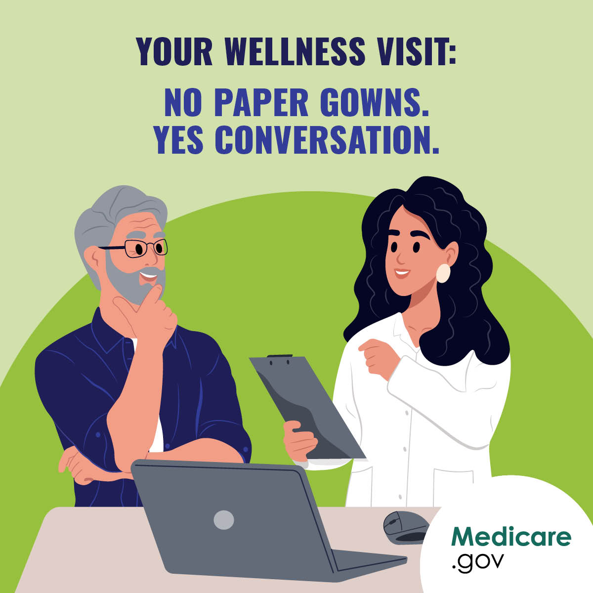 MedicareGov's tweet photo. Is it time for your yearly Wellness visit? No paper gown or invasive tests needed — just a conversation with your doctor about your health goals, priorities, and history to help make a strategy for wellness. https://t.co/IyMQsQGsxo https://t.co/Fo8MMEW0ZF
