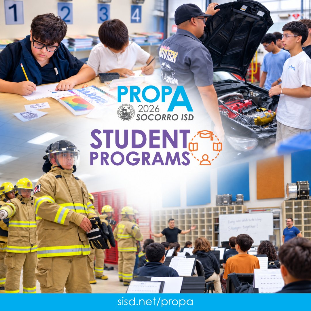 SocorroISD's tweet photo. 🎶 From fine arts and athletics to Career and Technical Education, Socorro ISD students participate in a variety of programs across the district.  

More than 22,800 students participate in fine arts programs such as band and choir, approximately 9,000 participate in athletics, and more than 90% of high school students participate in CTE programs that provide hands-on learning to prepare students for jobs upon graduation.  

Proposition A includes $13 million for student programs and class size reductions.  

Explore the details of Proposition A at https://t.co/d7S22HMVYL