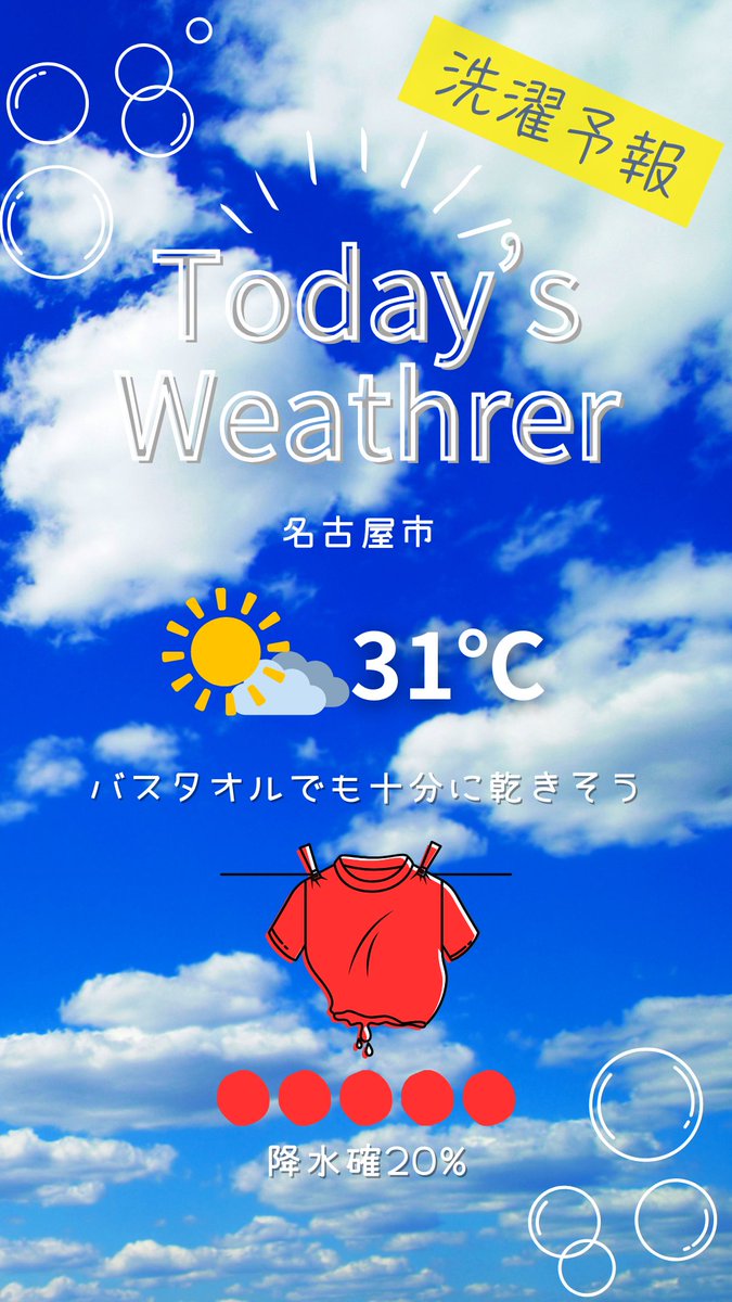 washbaselaundry's tweet photo. おはようございます☀️
コインランドリー▶ WASH BLUE ◀のアカウントです🌞
今日の洗濯予報 　  晴時々曇☀️☁️　降水確率20%
👕バスタオルでも十分に乾きそう👕
#コインランドリー #名古屋市コインランドリー #洗濯物 #洗濯 https://t.co/73XEEelqy3
