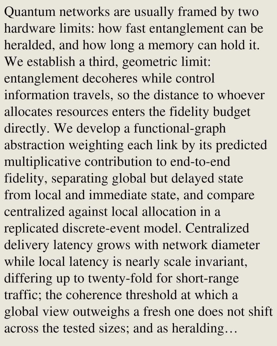 Quantum networks are usually framed by two hardware limits: how fast entanglement can be heralded, and how long a memory can hold it. We establish a third, geometric limit: entanglement decoheres while control information travels, so the distance to whoever allocates resources enters the fidelity budget directly. We develop a functional-graph abstraction weighting each link by its predicted multiplicative contribution to end-to-end fidelity, separating global but delayed state from local and immediate state, and compare centralized against local allocation in a replicated discrete-event model. Centralized delivery latency grows with network diameter while local latency is nearly scale invariant, differing up to twenty-fold for short-range traffic; the coherence threshold at which a global view outweighs a fresh one does not shift across the tested sizes; and as heralding accelerates, the dominant cost moves into the control plane. Slot synchronization instead obeys the product of slot