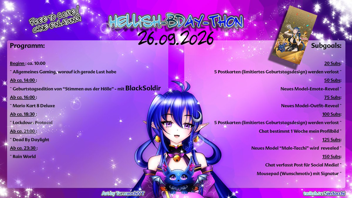 NinTacchi's tweet photo. Yo, Sweeties!

Der Quote meines Posts unter einem anderen Post erinnerte mich daran, dass ich Esel vergessen habe, euch mitzuteilen!

Ich rief zu einem Anime-Quiz auf und wollte das zu meinem Geburtstag veranstalten.

Wie man sieht, ist es nicht im Zeitplan enthalten.

Das hat verschiedene Gründe: 

1. Leider meldeten sich nicht genug... Wollte 3 Runden machen. Zwei Gruppen: Streamer und Viewer. Der Gewinner aus der Streamer-Gruppe sollte gegen den der Viewer-Gruppe anstreten. Leider meldete sich als Viewer nur einer und auf Seite der Streamer sagten nun zwei ab.

2. Konnte ich aufgrund von Stress und KH-Aufenthalt es nicht fertig ausarbeiten. Hätte ich jetzt nicht mehr geschafft.

Darum den Post erst mal gelöscht, weil, findet eh nicht statt.

Wir werden das Quiz aber auf jeden Fall, sobald die Kapazitäten für da sind nachholen!

Der Plan ist aber nicht verworfen! Gegen Dezember wird es einen neuen Aufruf geben! ✌🏻