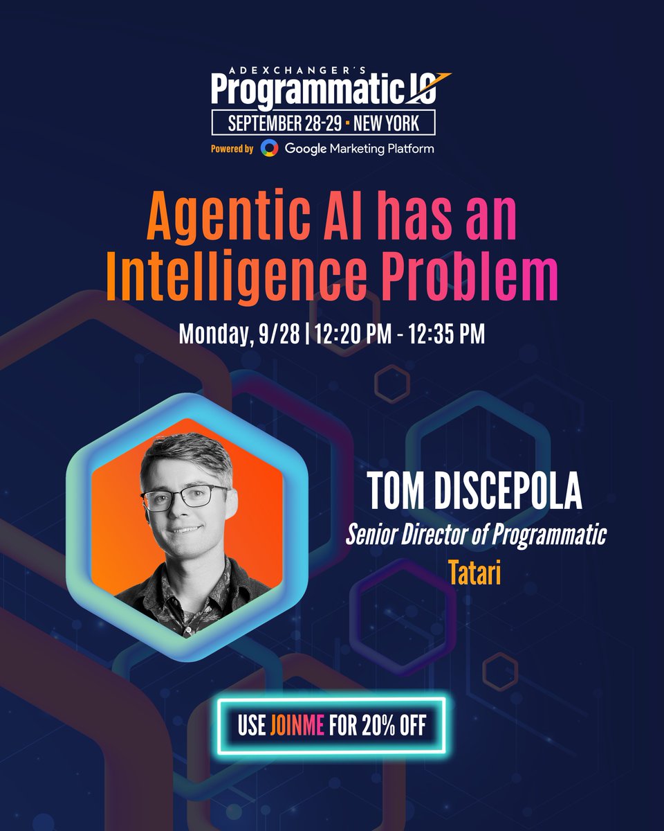 TatariTV's tweet photo. Agentic AI is everywhere in ad tech right now.

But almost nobody can tell you what it was trained on.

That's the gap between automating a decision and making an intelligent one, and it's what our Senior Director of Programmatic, Tom Discepola, will be discussing during his session at @adexchanger's Programmatic I/O next week.

You'll learn how to tell real AI from automation, what AI models actually need to get smarter over time, and why programmatic alone isn't enough to train AI that understands TV.

Register now and save: https://t.co/tHEAi1pv9y