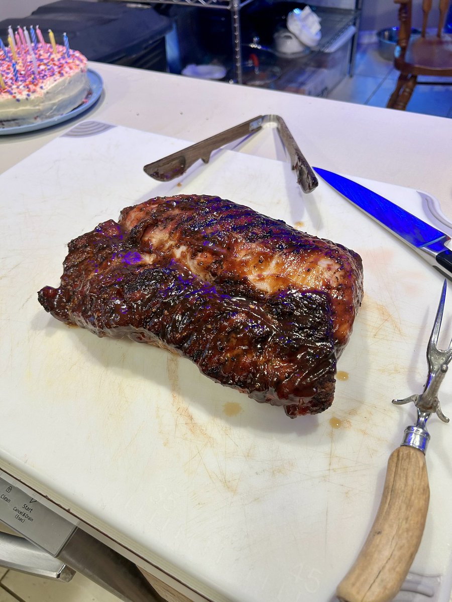 Bamababy816's tweet photo. Smoked BBQ pork loin, homemade augratin potatoes, homemade garlic butter drop biscuits, and a homemade from scratch chocolate cake with cream cheese frosting. Its my bonus daughters (my daughters best fired since first grade) birthday and she wanted me to cook instead of going out. (I’m not a baker. It’s tastes great but doesn’t look the prettiest)