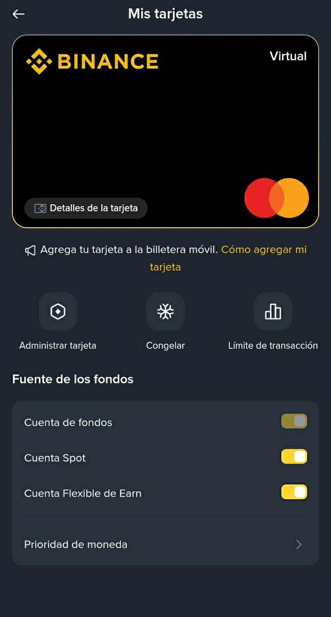 CharliePC01000's tweet photo. @AlvarezSaraC Si, aunque también puedes configurar en "mis tarjetas" para que también debite de tu billetera de spot. https://t.co/FPtP1oDpXu